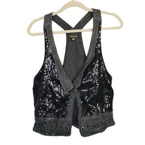 Akademiks black denim sequin vest size XL